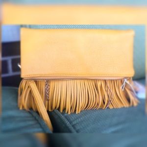 Yellow Mustard Fringe Clutch W/ Gold Chain